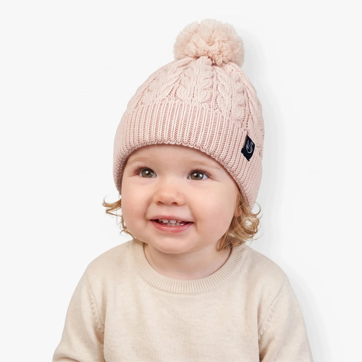 Cable Knit Pom Beanie in Beige