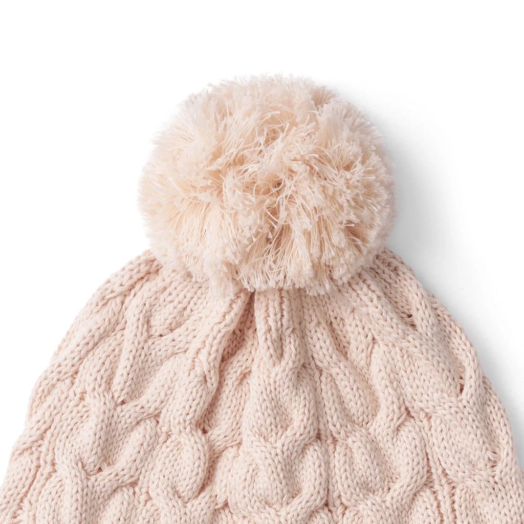 Cable Knit Pom Beanie in Beige