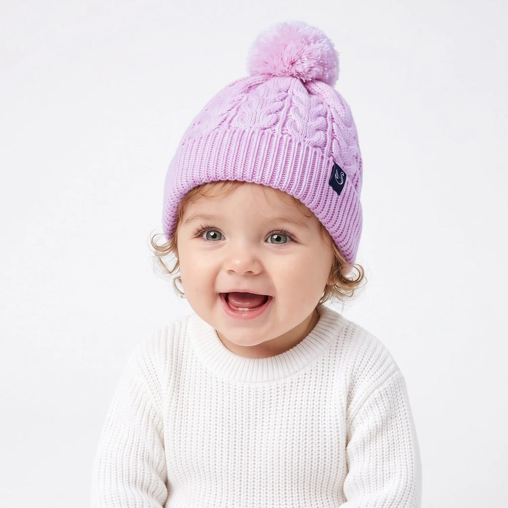 Cable Knit Pom Beanie in Lilac