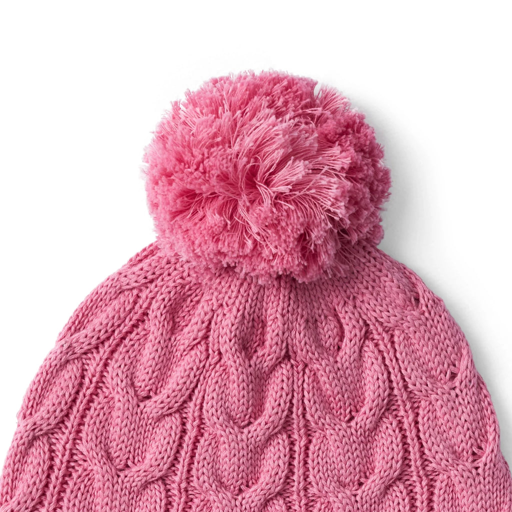 Cable Knit Pom Beanie in Rose Pink