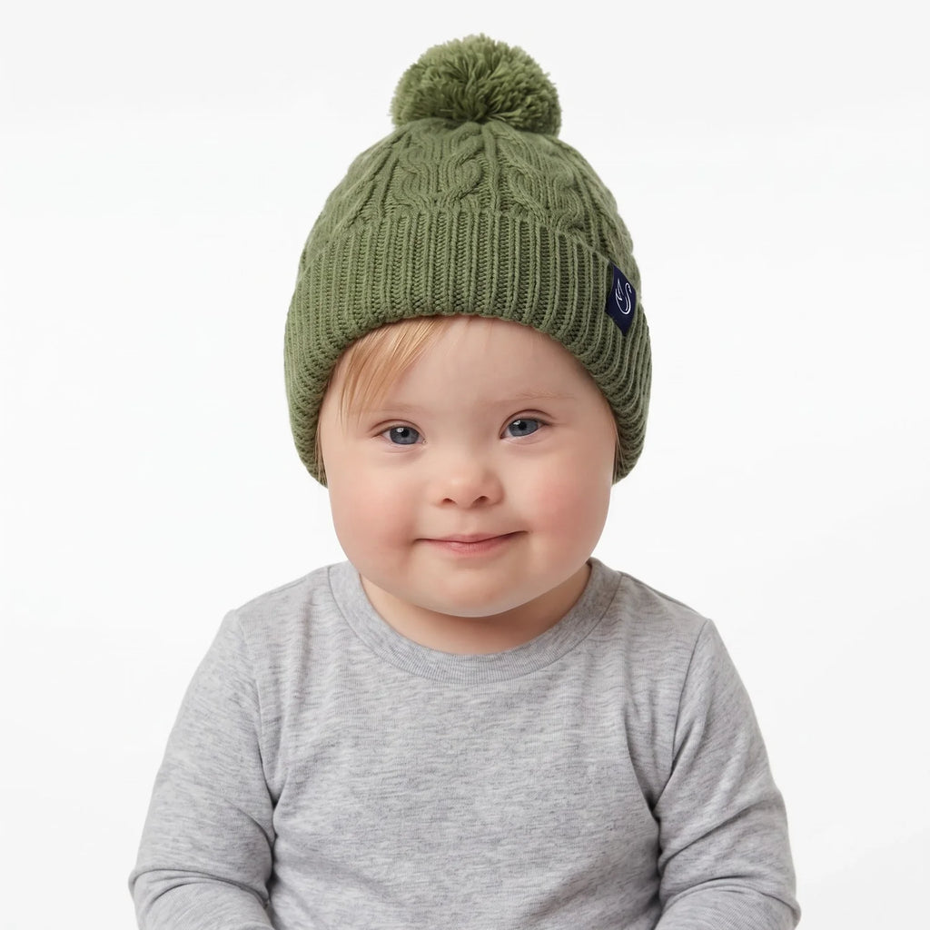 Cable Knit Pom Beanie in Sage Green